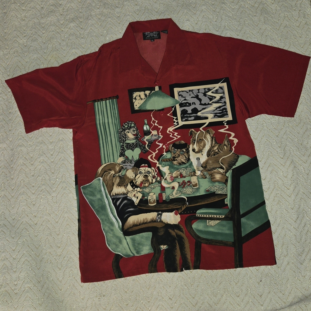 Men's Red Short-Sleeve Graphic Button-Down Shirt with Dog Poker Scene